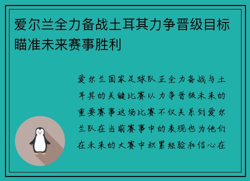 爱尔兰全力备战土耳其力争晋级目标瞄准未来赛事胜利