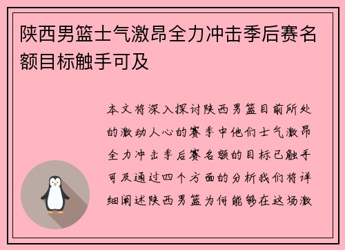 陕西男篮士气激昂全力冲击季后赛名额目标触手可及