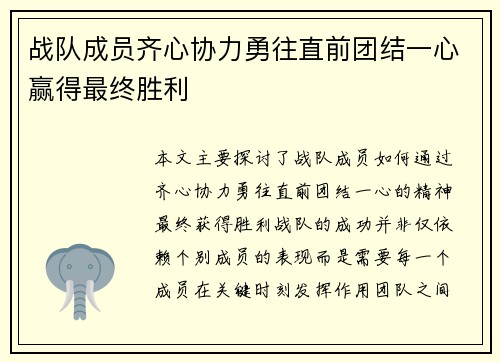 战队成员齐心协力勇往直前团结一心赢得最终胜利