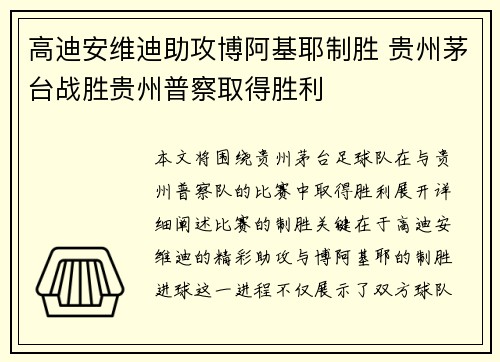 高迪安维迪助攻博阿基耶制胜 贵州茅台战胜贵州普察取得胜利