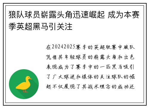 狼队球员崭露头角迅速崛起 成为本赛季英超黑马引关注