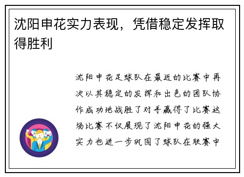 沈阳申花实力表现，凭借稳定发挥取得胜利