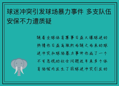 球迷冲突引发球场暴力事件 多支队伍安保不力遭质疑